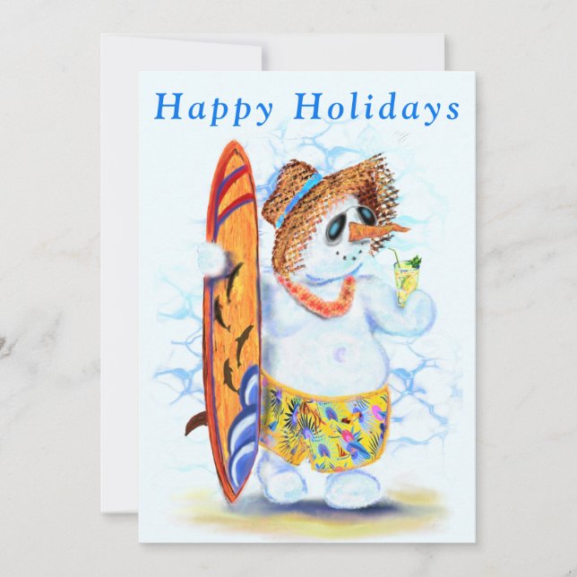 Funny Summer Holiday Card Snowman Surfer (Front)