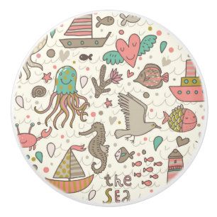 Funny Summer Pattern With Ships Ceramic Knob