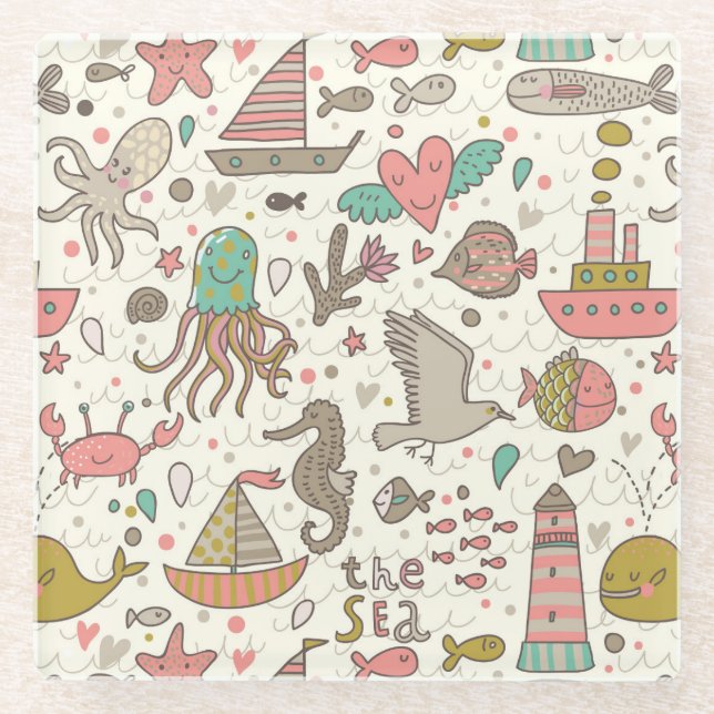 Funny Summer Pattern With Ships Glass Coaster (Front)