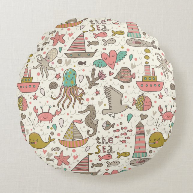 Funny Summer Pattern With Ships Round Cushion (Front)