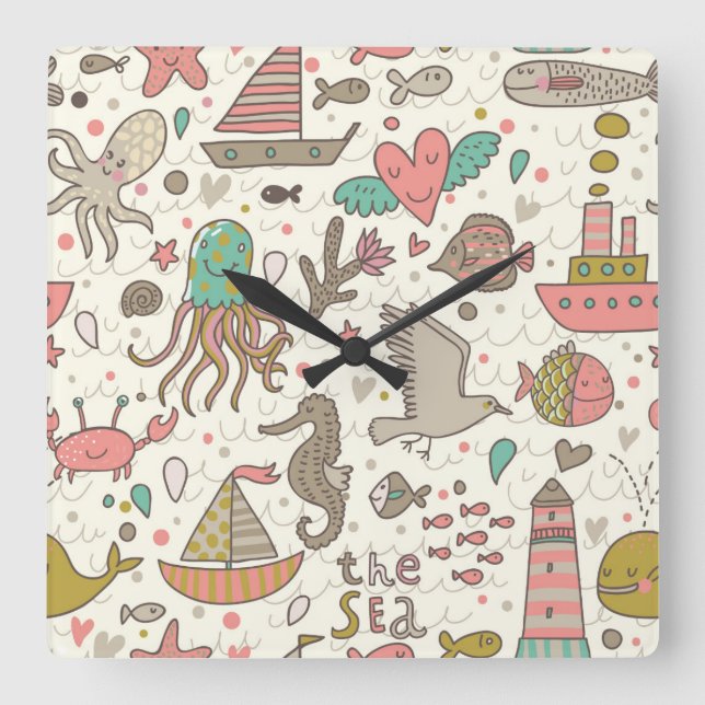 Funny Summer Pattern With Ships Square Wall Clock (Front)