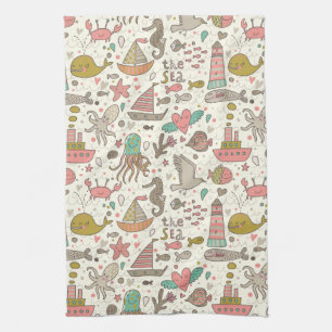 Funny Summer Pattern With Ships Tea Towel