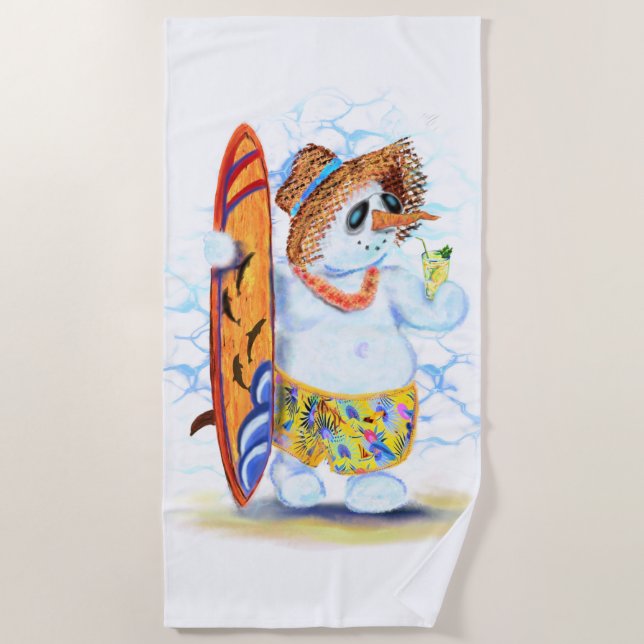 Funny Summer Snowman Surfer Drinks Fresh Cocktail  Beach Towel (Front)