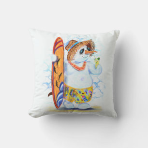 Funny Summer Snowman Surfer Drinks Fresh Cocktail Cushion