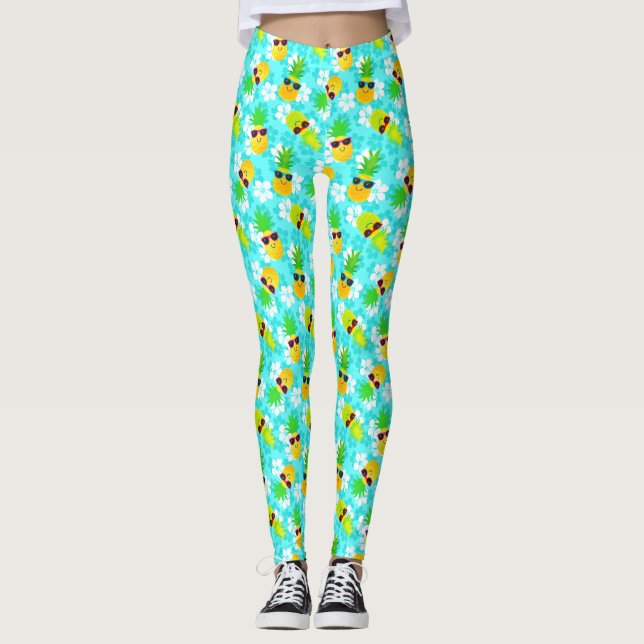 Funny Summer Tropical Pineapples Leggings (Front)