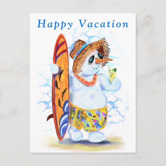 Funny Summer Vacation Card with Snowman Surfer (Front)