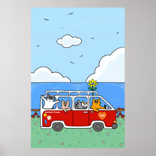 Funny Summer Vibes Cats Retro Surf Van Poster
