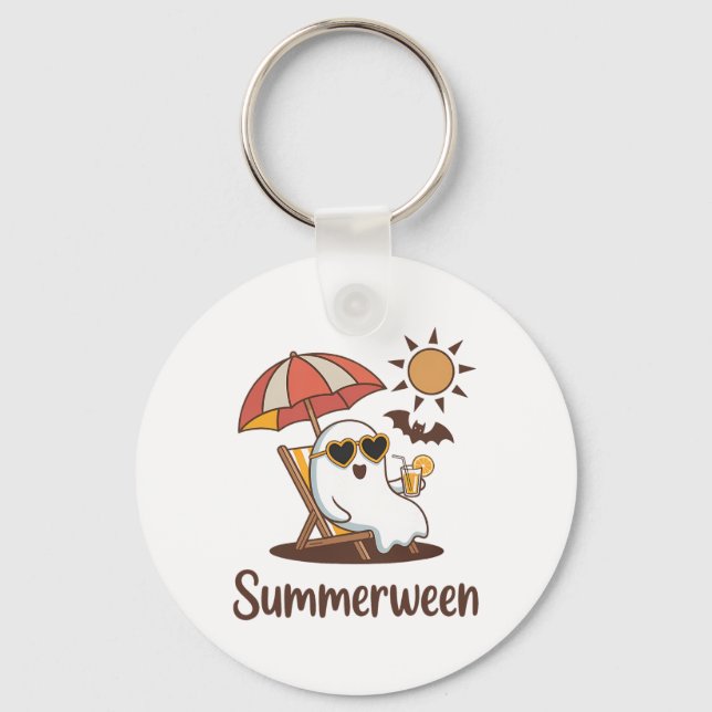 Funny Summerween Cute Spooky Summer Ghost Hallowee Key Ring (Front)