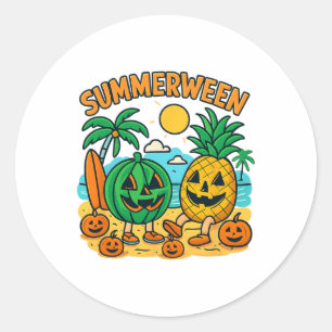 Funny Summerween Cute Watermelon And Pineapple Bea Classic Round Sticker
