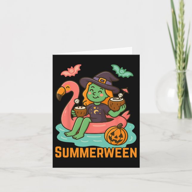Funny Summerween Cute Witch Floating In Flamingo G Card (Front)