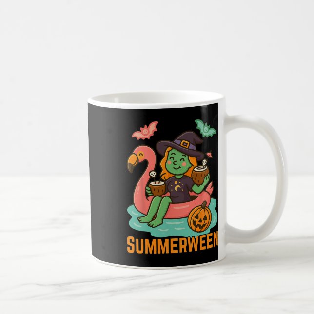 Funny Summerween Cute Witch Floating In Flamingo G Coffee Mug (Right)