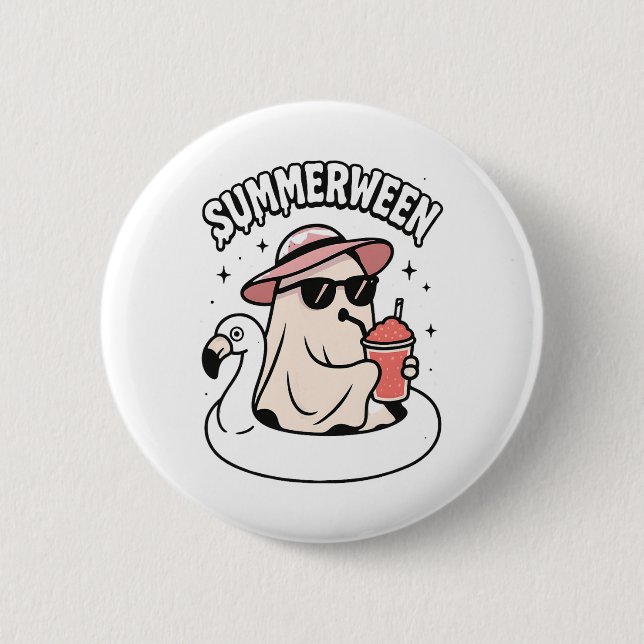 Funny Summerween Ghost Pink Floating In Flamingo C 6 Cm Round Badge (Front)