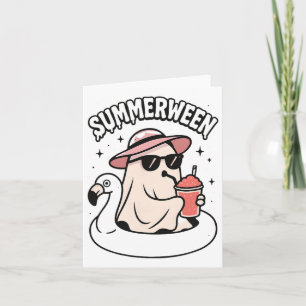 Funny Summerween Ghost Pink Floating In Flamingo C Card