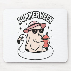 Funny Summerween Ghost Pink Floating In Flamingo C Mouse Mat
