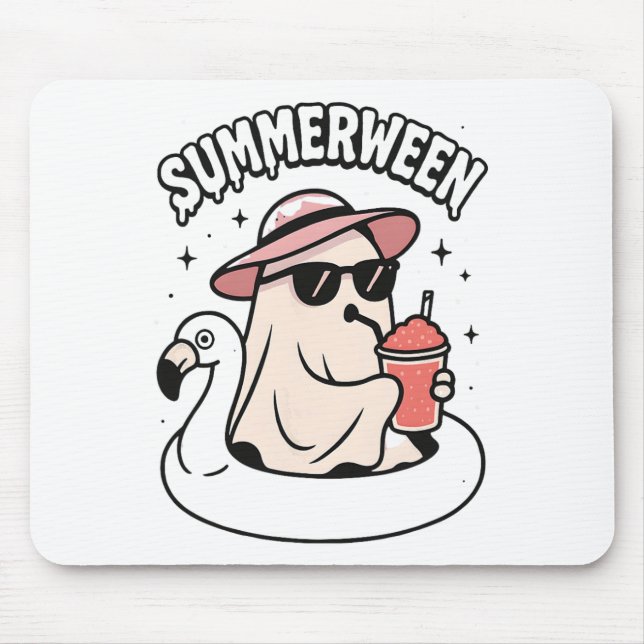 Funny Summerween Ghost Pink Floating In Flamingo C Mouse Mat (Front)