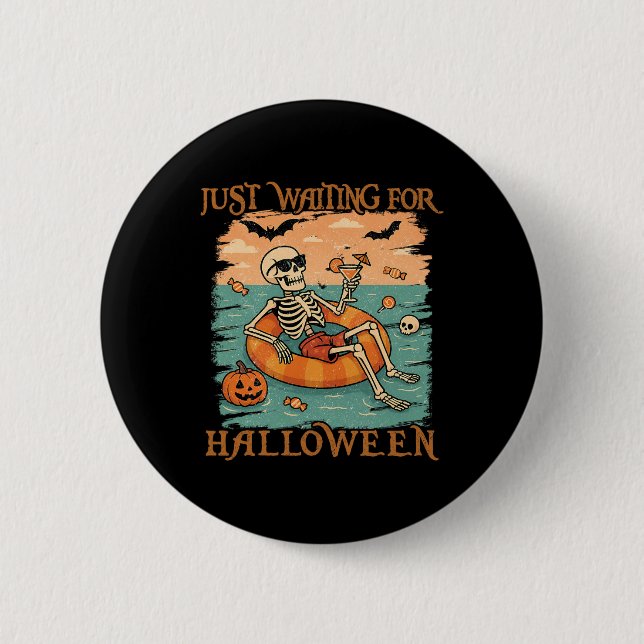Funny Summerween Skeleton Floating In Flamingo Cut 6 Cm Round Badge (Front)
