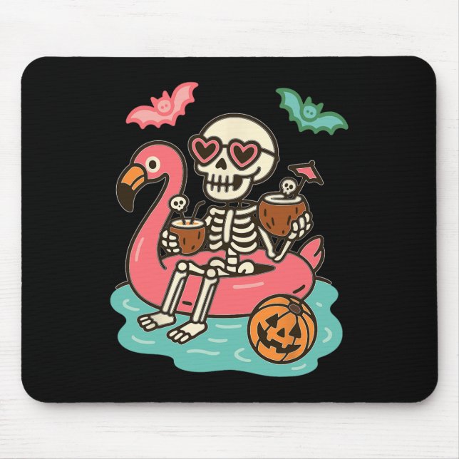 Funny Summerween Skeleton Floating In Flamingo Cut Mouse Mat (Front)