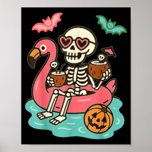 Funny Summerween Skeleton Floating in Flamingo Poster