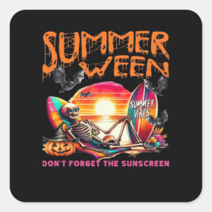 Funny Summerween Skeleton On Beach At Sunset Class Square Sticker