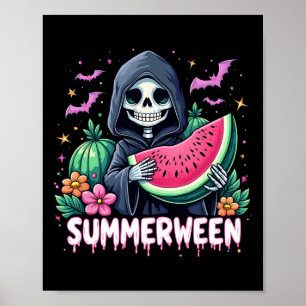 Funny Summerween Skeleton Watermelon Halloween Art Poster