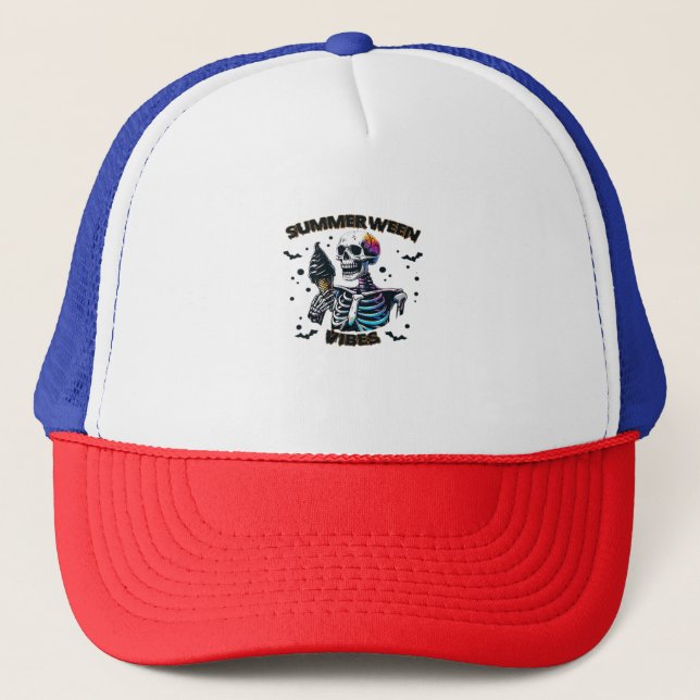 Funny Summerween Vibes Skeleton Summer Vacation Ic Trucker Hat (Front)