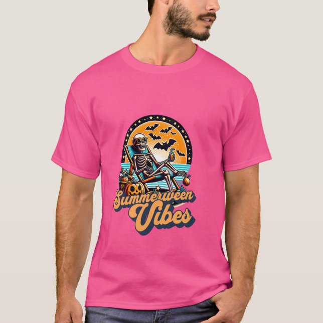 Funny Summerween Vibes Summer Skeleton Beach Chill T-Shirt (Front)