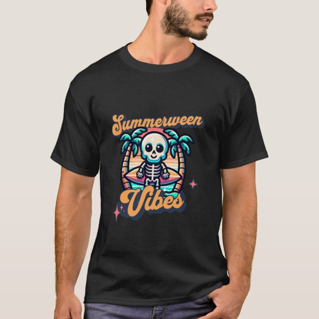 Funny Summerween Vibes Summer Vacation Skeleton Su T-Shirt (Front)