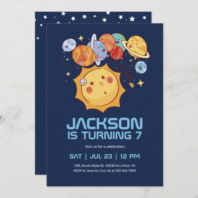 Funny Sun and Planets Outer Space Kids Birthday Invitation (Front/Back)