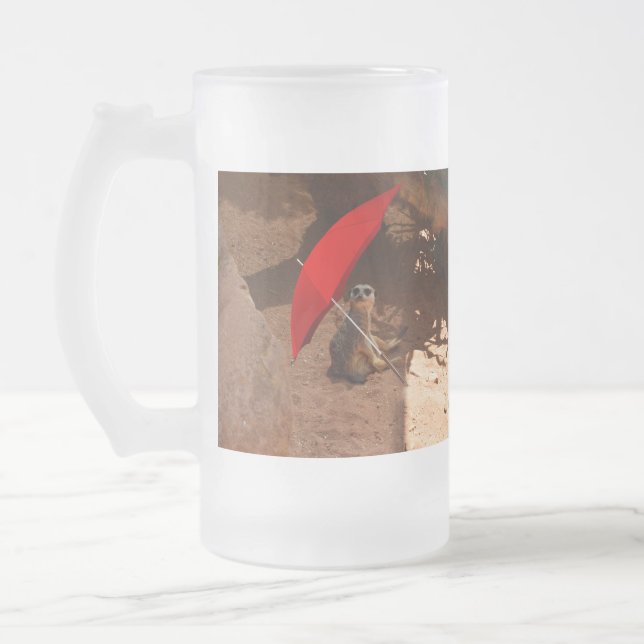 Funny Sun Smart Meerkat Under Umbrella, Frosted Glass Beer Mug (Left)