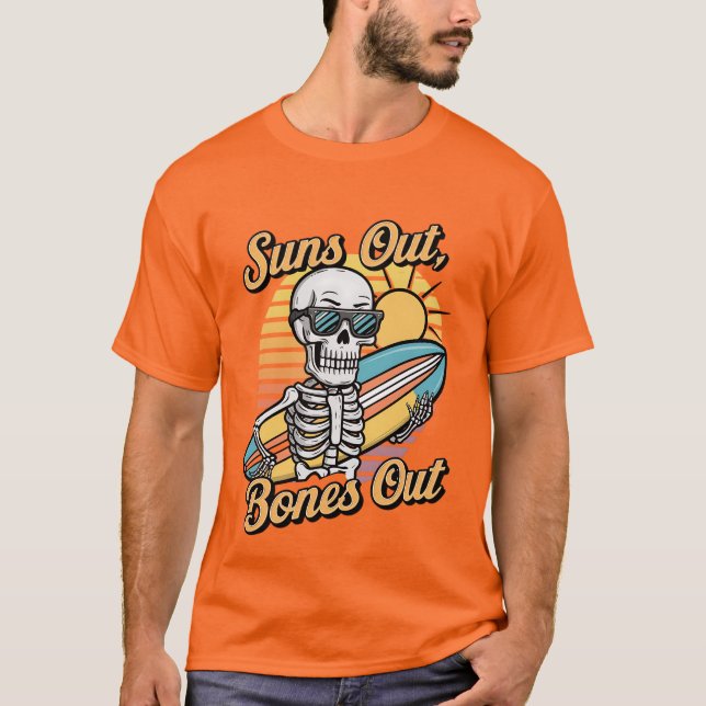 Funny sun surfing skeleton  T-Shirt (Front)