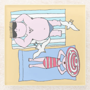 Funny Sunbathers at Beach Hand Drawn Art Glass Coaster