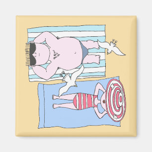 Funny Sunbathers at Beach Hand Drawn Art Magnet