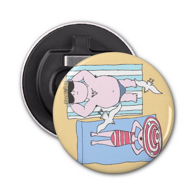 Funny Sunbathing Couple Cartoon Seaside Art Bottle Opener (Front)
