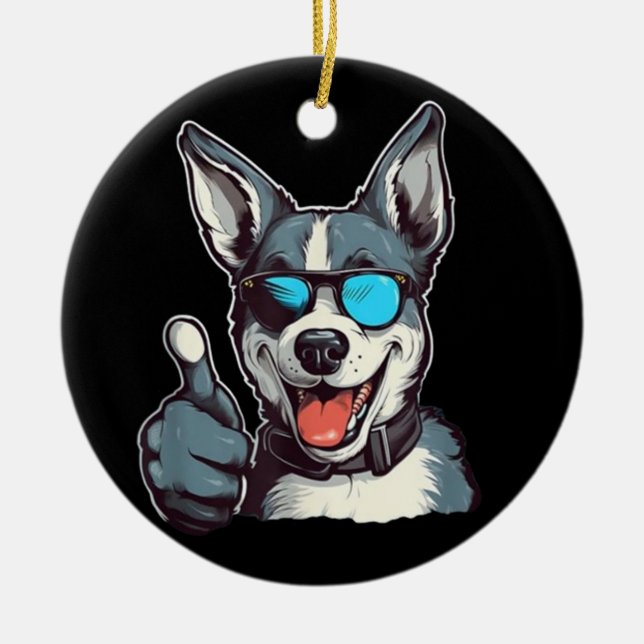 Funny sunglasses dog with thumbs up ceramic tree decoration (Front)