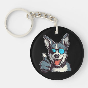 Funny sunglasses dog with thumbs up key ring