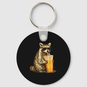 Funny sunglasses raccoon drinking iced coffee key ring