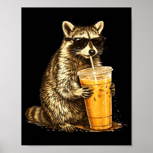 Funny sunglasses raccoon drinking iced coffee poster