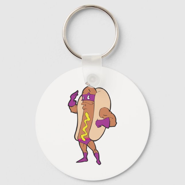 funny super hero hot dog character key ring (Front)