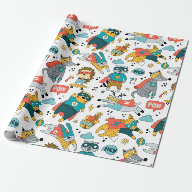 Funny Superhero Animals Pattern Wrapping Paper (Unrolled)