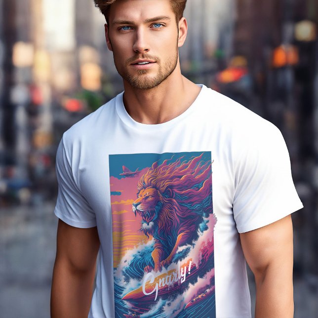 Funny Surf Lion Gnarly on the wave for real surfer T-Shirt (Lion Surfer - Gnarly)