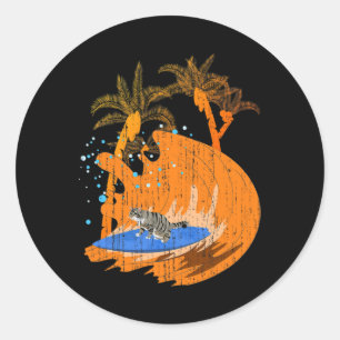 Funny Surfer Animal Cat Surfboard Ocean Sport Wave Classic Round Sticker