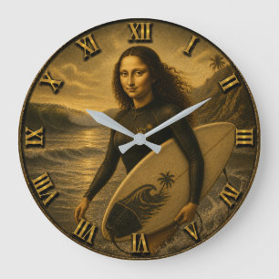 Funny Surfer Mona Lisa Tropical Ocean Decor Large Clock