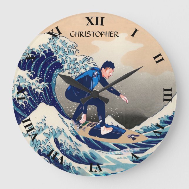 Funny Surfer Surfing On The Hokusai Great Wave Large Clock (Front)