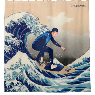 Funny Surfer Surfing On The Hokusai Great Wave Shower Curtain