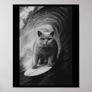 Funny Surfing British Shorthair Cat Selfie Beach A Poster