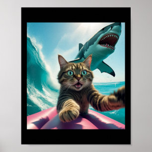 Funny Surfing Cat Selfie With Shark Meme _1  Poster