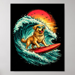 Funny surfing dog golden retriever beach waves poster