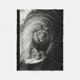 Funny surfing lion selfie on surfboard safari fleece blanket