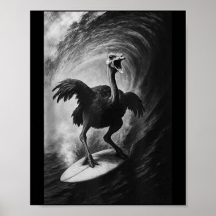 Funny surfing ostrich selfie on surfboard safari poster