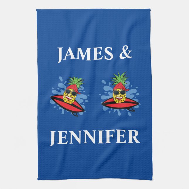 Funny Surfing Pineapples Tea Towel (Vertical)